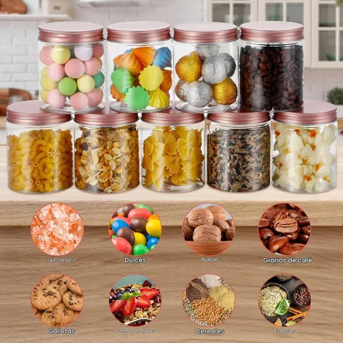 Vista 4 de Hushee 24 tarros de plástico de 8 onzas con tapas, tarros redondos transparentes para alimentos con tapas de oro rosa, tarros de plástico apilables