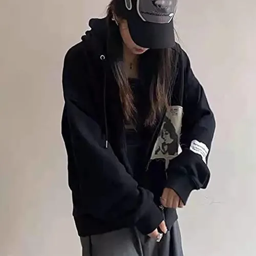 Vista 5 de Sudadera con capucha vintage para mujer, sudadera de gran tamaño con estampado de graffiti punk con cremallera para adolescentes, bolsillos estéticos