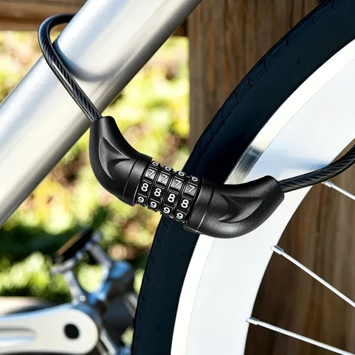 Vista 5 de Candado de cable para bicicleta de 6 pies de largo, candado de combinación reseteable de 4 dígitos, cable de acero resistente con revestimiento
