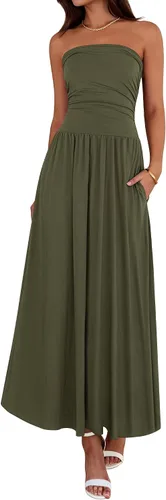 Vista 15 de BTFBM Vestidos largos de verano para mujer, vestido sin tirantes Marrón