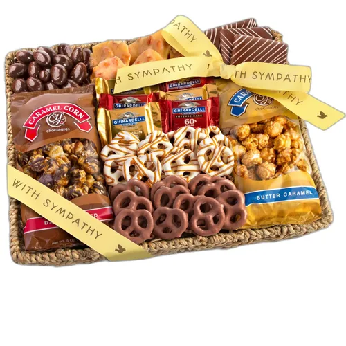 Vista 7 de A Gift Inside Gran Cesta de Regalo de Cumpleaños de Chocolate Caramelo y Crujiente con Aperitivos, Pretzels, Ghirardelli y Nueces Cubiertas