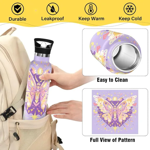 Vista 4 de Butterfly Purple Golden Leakproof and BPA Free Kids' Metal Water Bottle with Straw Double-Wall Vacuum Insulation for School Boys Girls