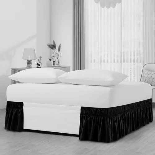 Vista 2 de Falda de cama individual negra para falda de cama con volantes con caída de 16 pulgadas, tela de tres lados ajustable con volantes suaves y sedosos