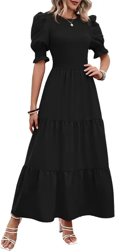 Vista 39 de BTFBM Vestidos para mujer, cuello redondo, casual, de verano, con volantes, manga corta, bohemio, con niveles, fruncido, largo, con estampado floral