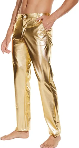 Vista 5 de Pantalones de discoteca metálicos brillantes para hombre, pantalones de cuero para fiesta de baile de estilo mojado, pantalones de cuero de los años