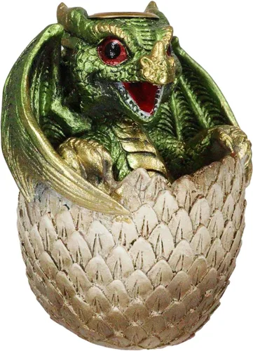 Vista 3 de Ebros Gift Adorable dragón verde Wyrmling de 4.25 pulgadas de alto sobre huevo dorado reflujo, quemador de incienso, figura de Calabozos y Dragones