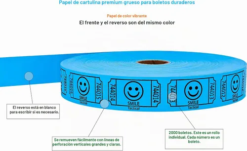 Vista 2 de Tacticai 2000 boletos para rifas Smile, rollo individual, color azul