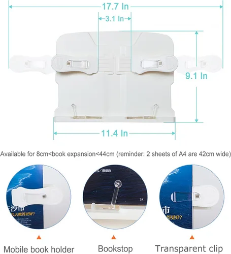 Vista 4 de Buhelyc Soporte de libro para cama, luz de libro y 2 clips de resorte, con soporte para teléfono, soporte de música de mesa de brazo largo, ángulo