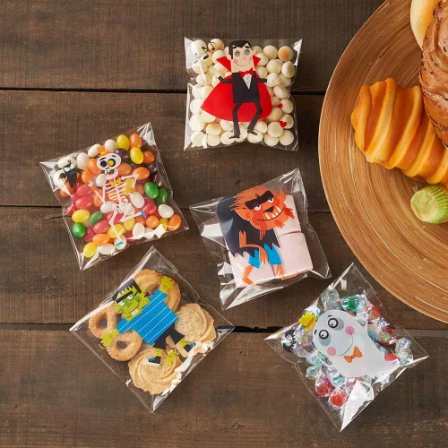 Vista 7 de CCINEE 200 bolsas de golosinas de Halloween, bolsas transparentes autoadhesivas para dulces, bolsas de plástico de celofán para galletas, regalos