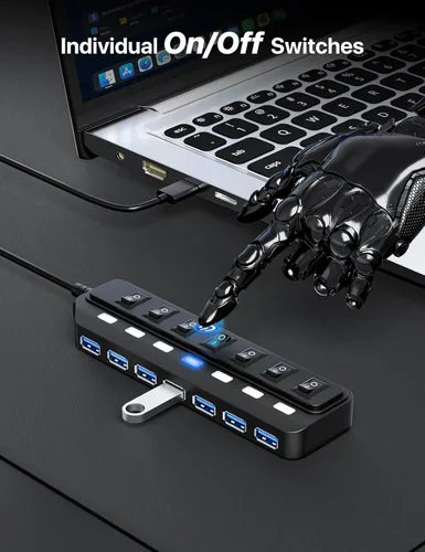 Vista 4 de WIRWTRU Hub USB de 7 puertos, divisor de concentrador USB 3.0 con interruptores LED individuales de encendido/apagado, concentrador USB para PC