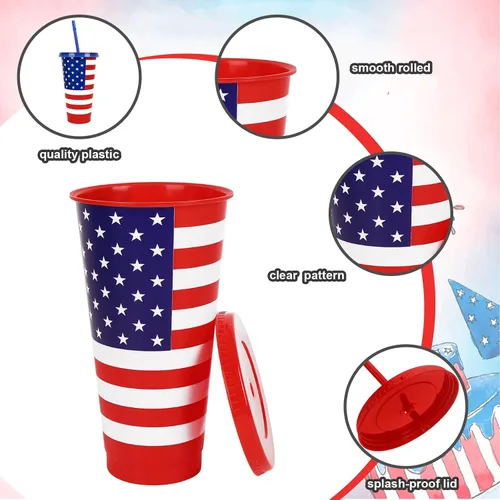 Vista 3 de JarThenaAMCS 12 piezas de vasos de plástico patrióticos con tapa con pajita 4 de julio, vaso para bebidas frías con bandera americana roja, azul