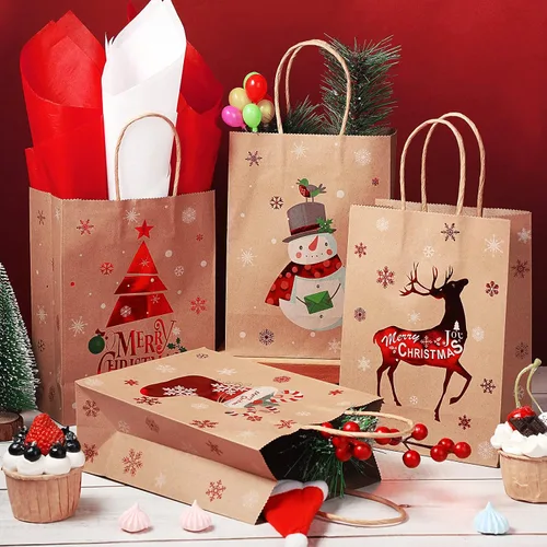Vista 4 de Funrous 16 bolsas de regalo de Navidad a granel con asas y papel de seda, bolsas de golosinas de Navidad para regalos de dulces, envoltura de papel