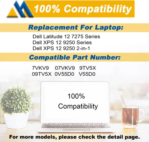 Vista 5 de 7VKV9 - Batería de repuesto para laptop Dell XPS 12 9250 Latitude 12 7000 7275 Series 9TV5X 09TV5X 0V55D0 V55D0 7.6V 30Wh