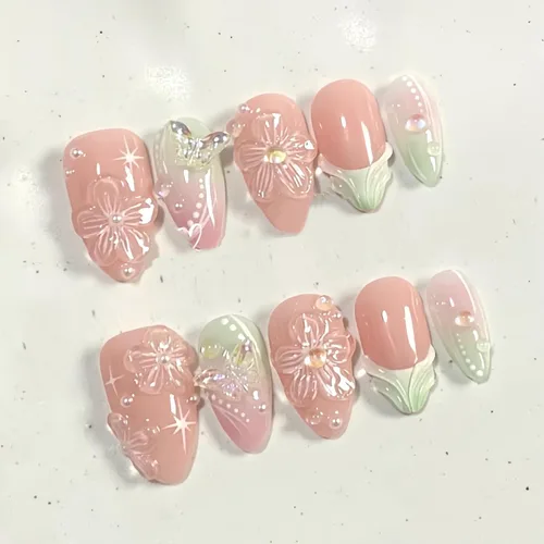 Vista 19 de Uñas postizas a presión medianas con diseño geométrico blanco almendra – 24 uñas postizas reutilizables de ABS brillante, fácil de aplicar, juego