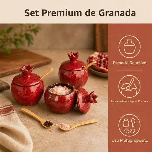 Vista 2 de Sal Bodega 2 PCS Cerámica Granada En Forma De Tazón De Sal Con Tapa Y Cuchara