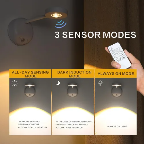 Vista 4 de XPESUVC Lámpara de pared con sensor de movimiento, foco LED recargable, lámpara de lectura de mesita de noche de rotación flexible con 3 Blanco