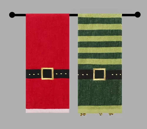 Vista 3 de Toallas de mano de baño, juego de 2, con Papá Noel rojo y elfo verde, diseño decorativo, 25 x 16 pulgadas, decoración de baño para las vacaciones