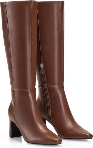 Vista 14 de GENSHUO Botas altas hasta la rodilla para mujer, cómodas botas de tacón plano vintage con punta cuadrada para otoño e invierno, con cremallera