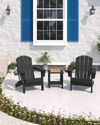 Vista 9 de Juego de 2 sillas Adirondack plegables HDPE con mesa auxiliar, color negro