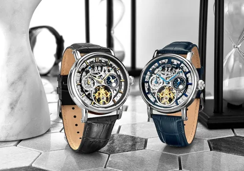 Vista 4 de Stuhrling Original Reloj automático para hombre, caja plateada, bisel plateado, correa de cuero genuino en relieve de cocodrilo
