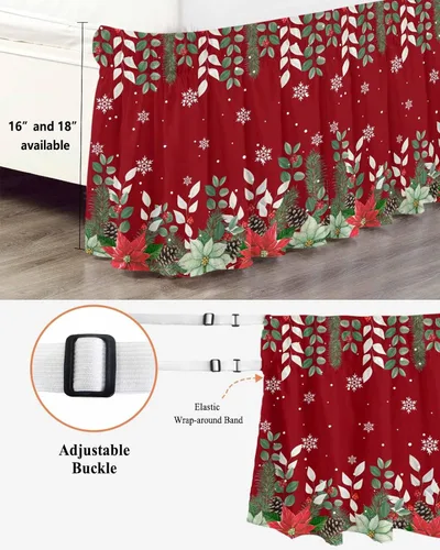 Vista 2 de Falda de cama de Pascua de Navidad, tamaño Queen de 16 pulgadas de caída, ajustable y elástica, plisada, con volantes de polvo de lujo para cama
