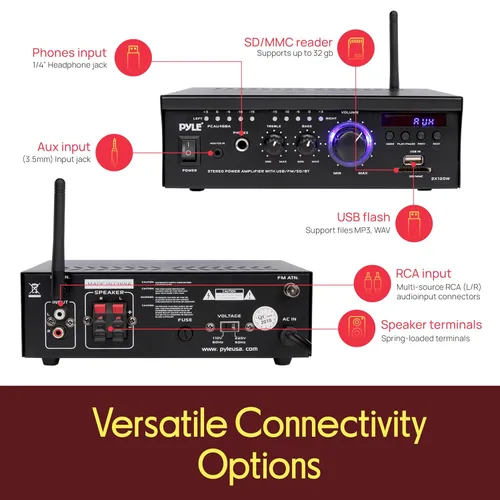 Vista 2 de Pyle Amplificador de altavoz Bluetooth para computadora - Amplificador de potencia estéreo para el hogar de 2 x 120 W, sistema receptor de audio