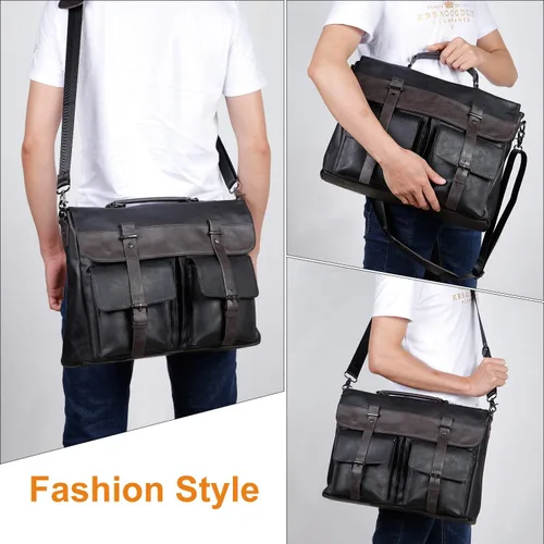 Vista 2 de Bolso bandolera de cuero para hombre, 14, 15.6, 17.3 pulgadas, bolso de cuero vintage para laptop, maletín, bolsa de trabajo grande
