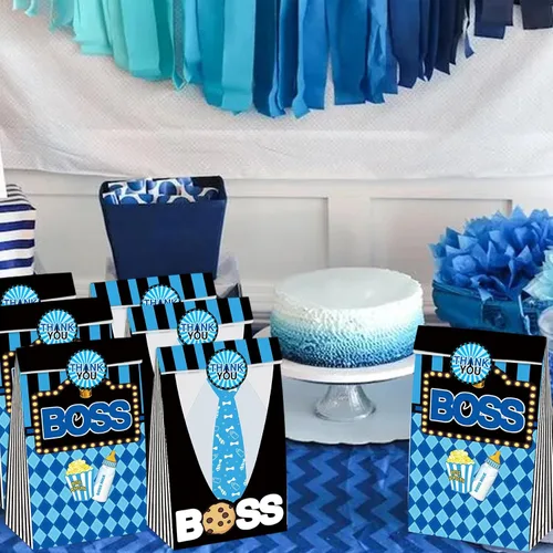 Vista 6 de BOSS - Bolsas de regalo de fiesta, 24 unidades con 30 calcomanías para niños, color azul, negro, cumpleaños, baby shower, golosinas, bolsas