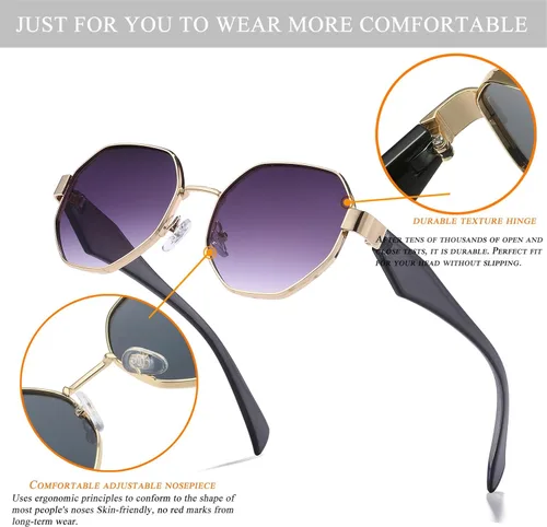 Vista 4 de HJSTES Gafas de sol pequeñas de polígono para mujer y hombre, lentes cuadrados, lentes degradados, protección UV