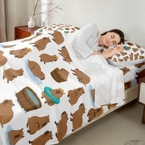 Vista 4 de jejeloiu Capybaras - Juego de sábanas de tamaño individual para amantes de los animales, para niños y niñas, lindas sábanas decorativas de Capybara