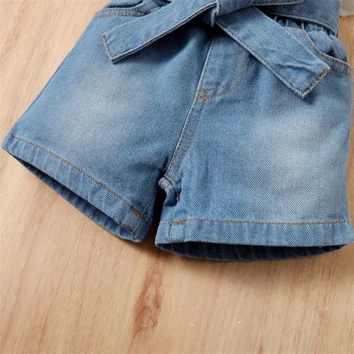 Vista 5 de PATPAT Bebé Niña 100% Algodón Denim Shorts Corazón Impreso Blanco Manga Corta Top Con Diadema Conjunto 3 Meses-3 Años