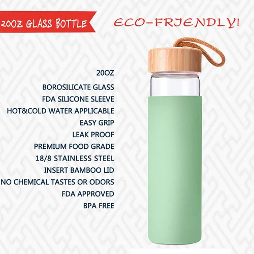 Vista 2 de Botella de agua de vidrio de borosilicato de 20 onzas con tapa de bambú y funda de silicona, reutilizable, sin BPA, botella de vidrio con tapas