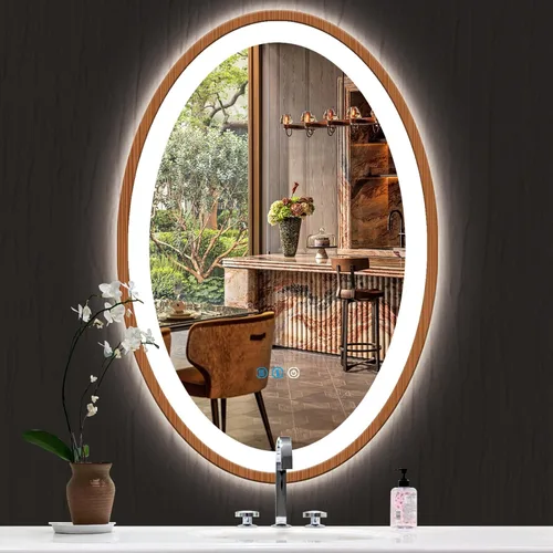 Vista 10 de Espejo de madera ovalado LED de 20 x 30 pulgadas con marco de madera clara, espejo de tocador iluminado ovalado con luces para baño, memoria 30 x 20