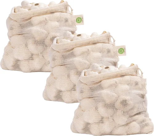 Vista 10 de Bolsas reutilizables de malla de algodón para productos – 100% algodón orgánico, duraderas, doble costura, lavables con peso de tara y cordón