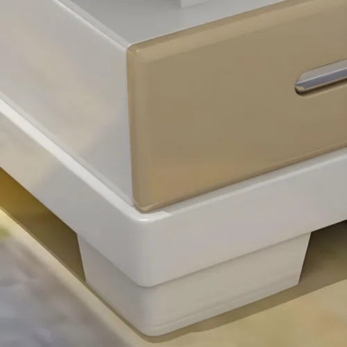 Vista 7 de RUNNUP Mesa de centro rectangular moderna de vidrio con base de madera blanca y almacenamiento de 2 niveles, mesa central de sofá para sala de Beige