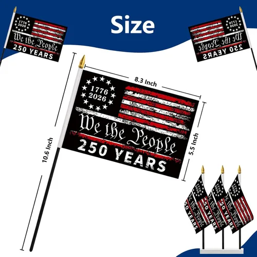 Vista 2 de Probsin Bandera de palo de 250 aniversario, 6 unidades, bandera de Estados Unidos, 250 años de libertad, We The People 1776-2026, letreros