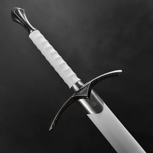 Vista 4 de Espada medieval con una mano, hoja sin brillo. Para colección, regalo, espectáculo, feria, cosplay y LARP (blanco mago)