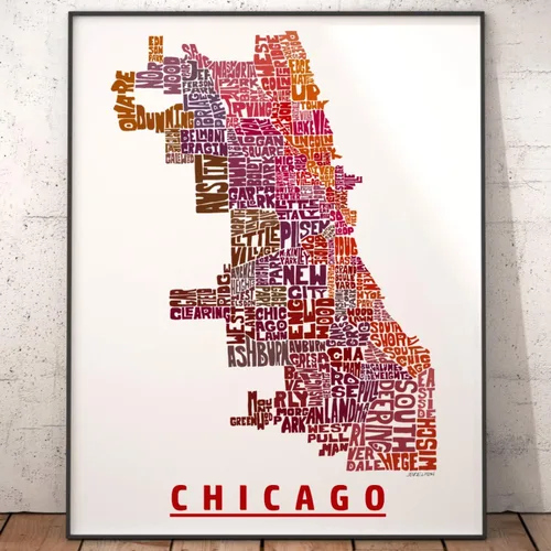Vista 5 de Impresión del mapa del vecindario de Chicago, impresión firmada de mi arte original de mapa de tipografía de Chicago dibujado a mano