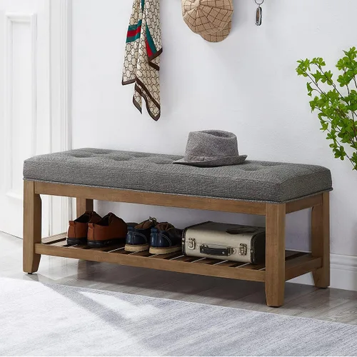 Vista 3 de 24KF Banco Otomano Grande Rectangular Tapizado con Capitoné de Tela de Lino, Banco Acolchado con Estante de Madera Maciza - Granito