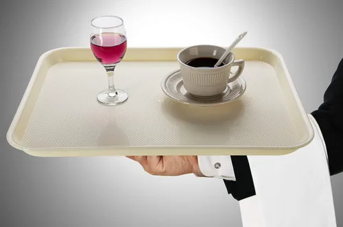 Vista 5 de Eslite Bandejas rectangulares de plástico para servir, bandejas de cafetería de comida rápida, 17 x 13 pulgadas, juego de 6 (beige)