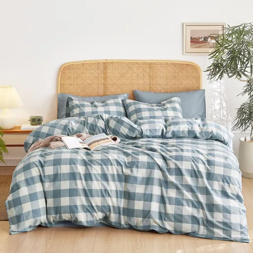Vista 8 de Wake In Cloud - Juego de funda de edredón de algodón gingham, a cuadros de búfalo a cuadros granja, juego de ropa de cama de percal texturizado 100%