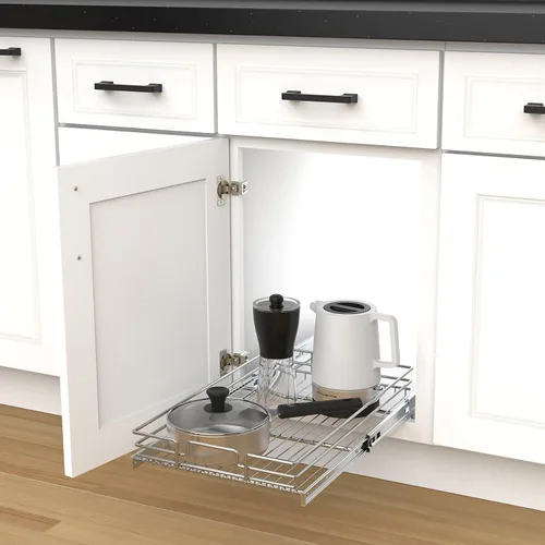 Vista 7 de Organizador de gabinete extraíble, estante deslizante de metal resistente para armarios de cocina, cromo, no incluye accesorios de puerta