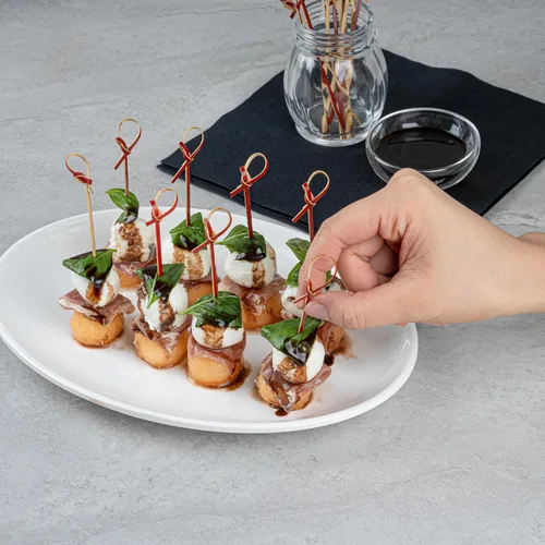 Vista 5 de Púas de aperitivos de 4 pulgadas, 1000 púas de nudo anudado, nudo en bucle, para alimentos o bebidas, brochetas de cóctel de bambú marrón, extremo