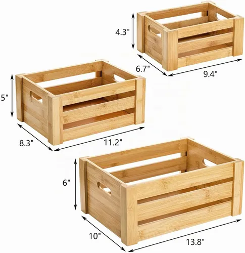 Vista 2 de Lawei Juego de 3 cajas de bambú con asas, caja de almacenamiento decorativa rústica, caja de almacenamiento para exhibición, cestas de bambú