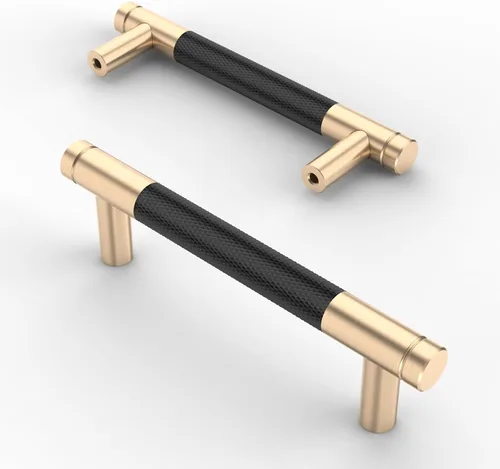 Vista 17 de Asidrama - Paquete de 10 tiradores para gabinete de 3 pulgadas (76mm) de color negro mate y bronce champán, manijas estriadas para gabinete