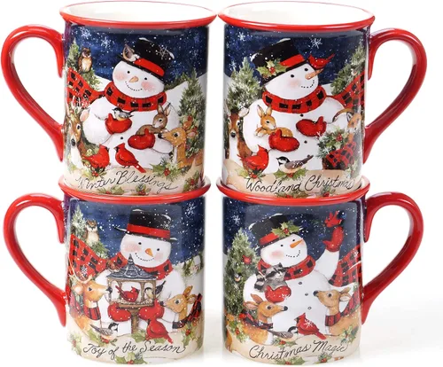 Vista 4 de Magic of Christmas Snowman - Juego de vajilla navideña de 16 piezas, servicio para 4, platos alegres de invierno, tazas y cuencos para comidas