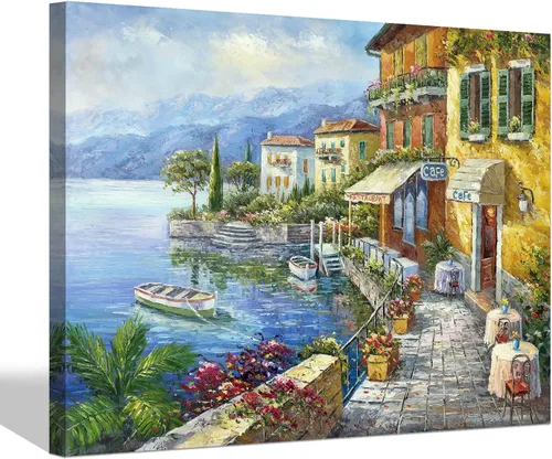 Vista 11 de SD SOFT DANCE Lienzo decorativo para pared de pueblo italiano, pintura de pueblo costero, reproducción de obras de arte para sala de estar