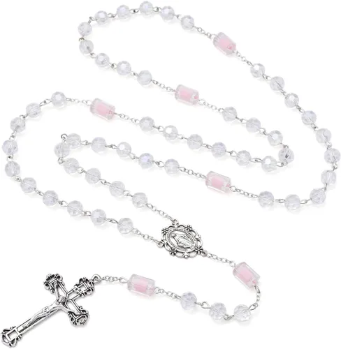Vista 64 de KOMI Rosario de cuentas católicas para mujer, collar de cuentas de rosario con cruz de crucifijo, perlas de cristal, rosario, rosarios, católicos