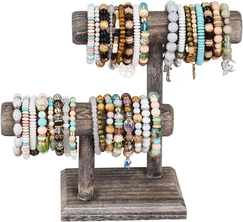 Vista 3 de Ikee Design Torre de exhibición de relojes de pulsera de madera de 2 niveles, soporte de almacenamiento para collar, montaje libre, 7.9 pulgadas