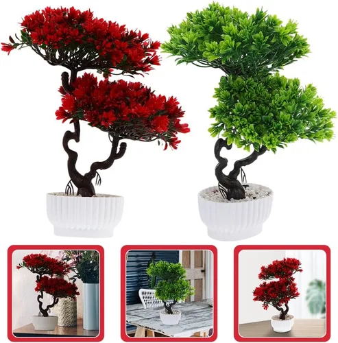 Vista 6 de Happyyami 2 piezas de árbol bonsái artificial en maceta, pino japonés sintético, plantas falsas en maceta para el hogar, oficina, escaparate